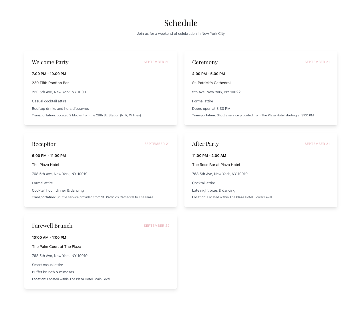 Wedding website schedule